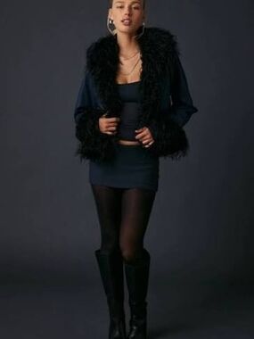 Urban Outfitters Kimchi Blue Navy Leather Jacket With Faux Fur Trim